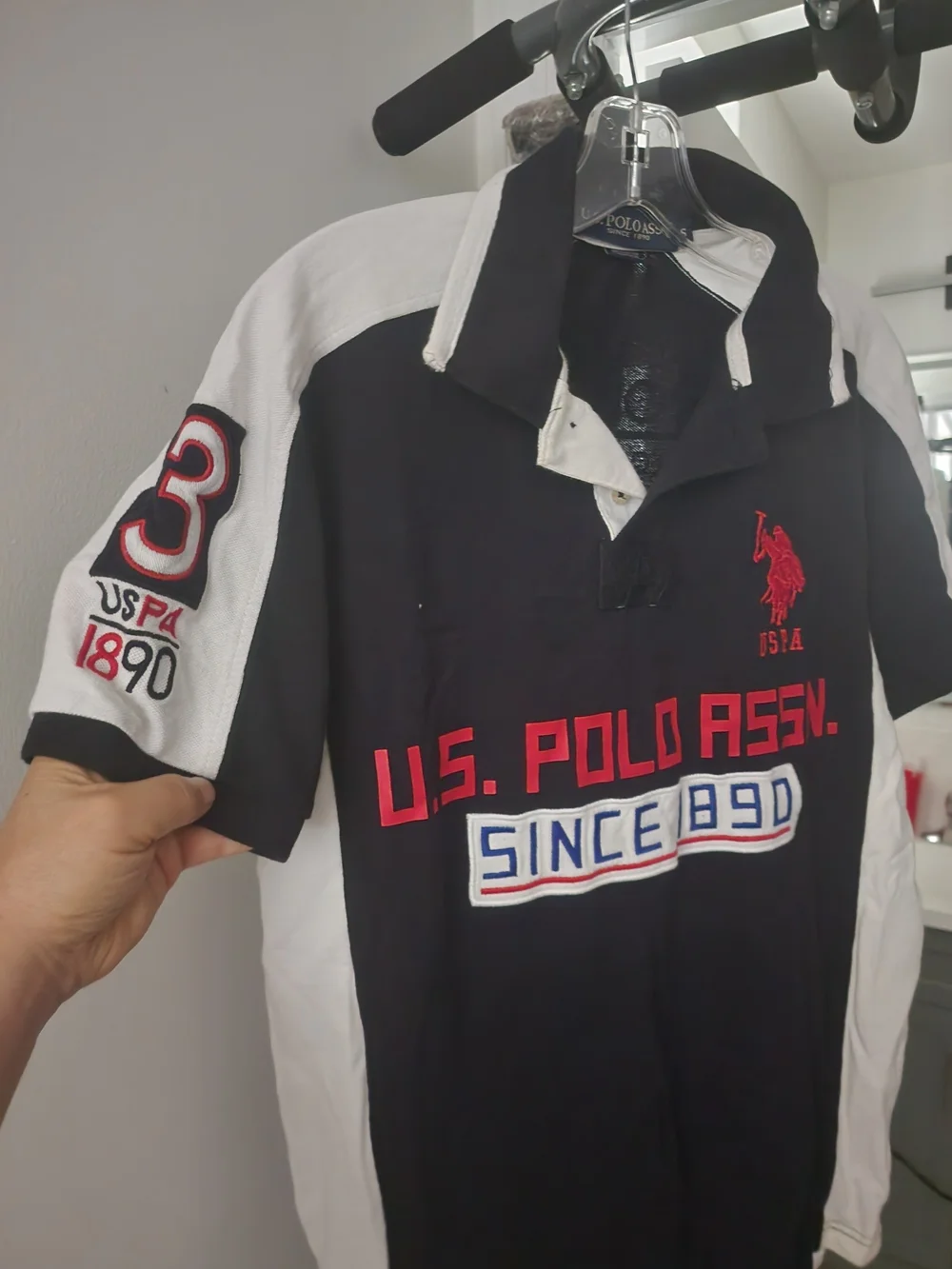 U.S. Polo Assn. Black & White Rugby Polo with Red Logo and Red Chest Text